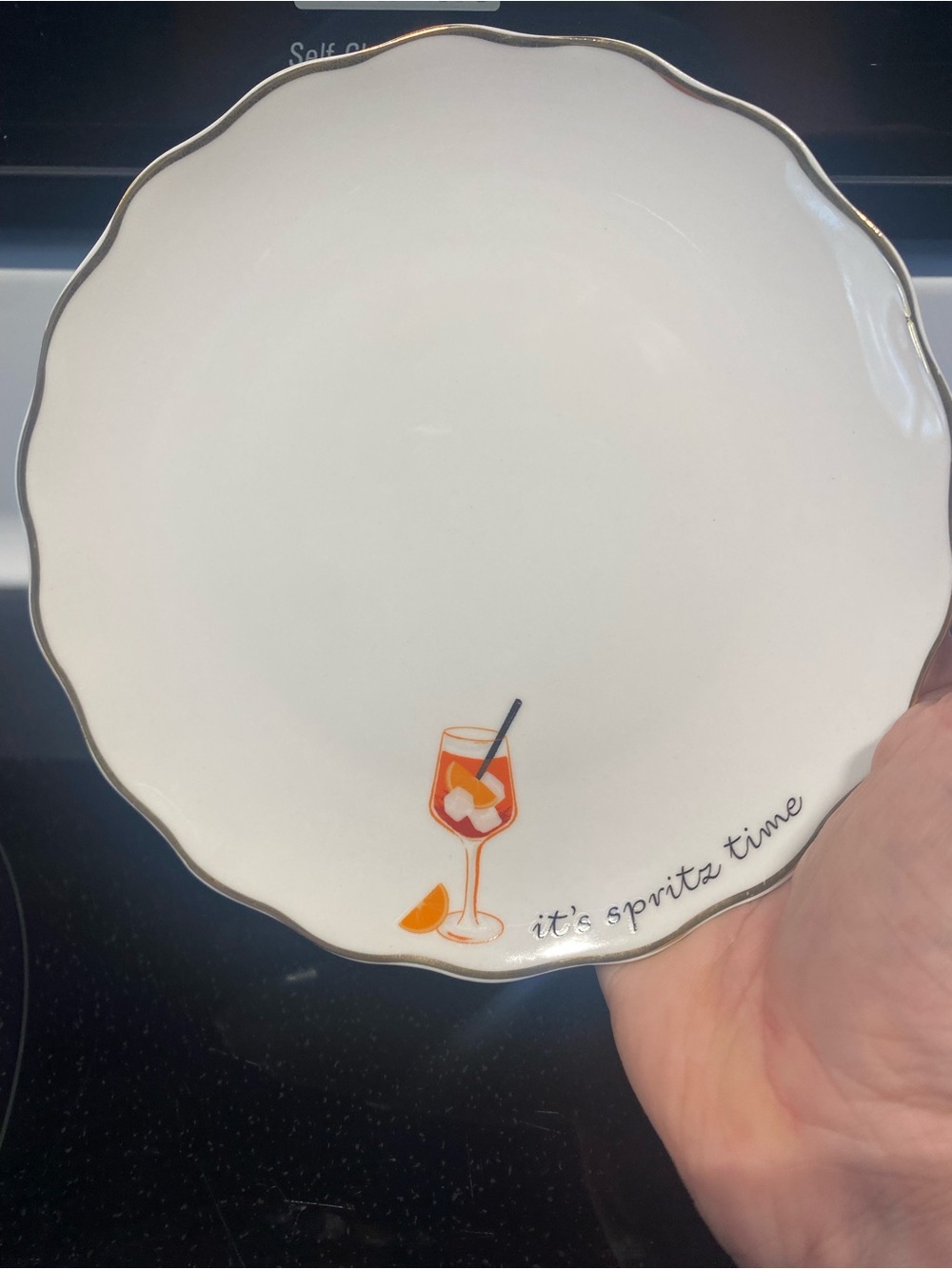Four Godinger White Dessert Plates with Orange Cocktail Motif and Silver Rim
